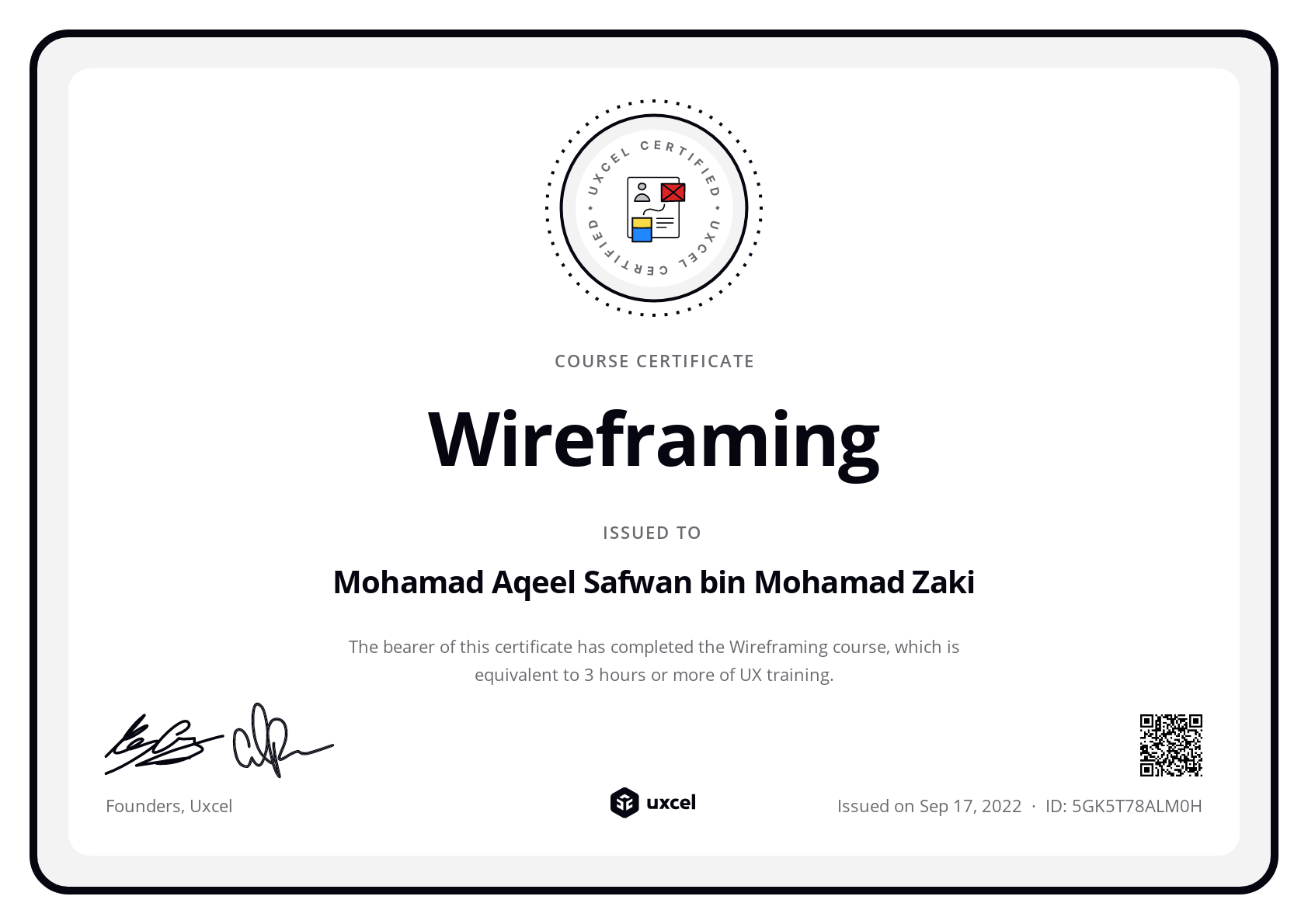 Mohamad Aqeel Safwan bin Mohamad Zaki's certificate